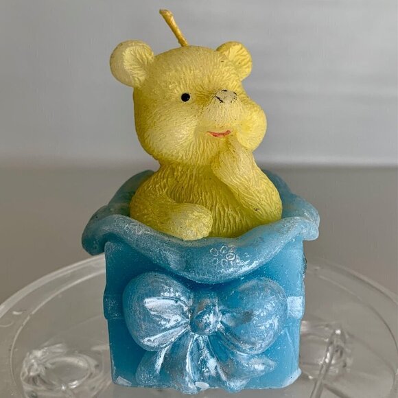 Teddy Bear Candle Happy Bear Blue Yellow Wax Baby Boy Unique Shower Gift Vintage - Picture 3 of 14